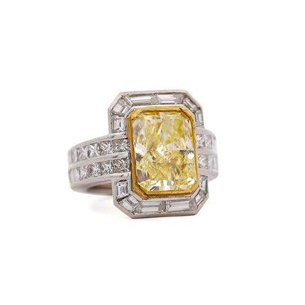 4.12 Carat Fancy Yellow Radiant Cut Diamond Halo Engagement Ring 18K White Gold-Time and Carat