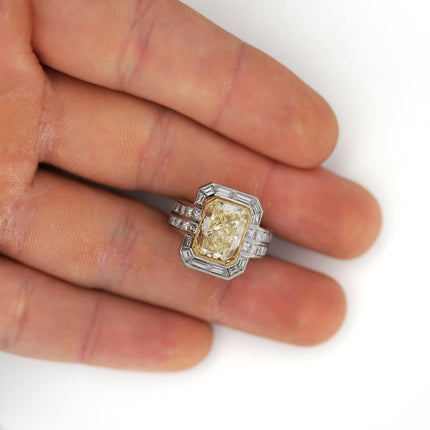 4.12 Carat Fancy Yellow Radiant Cut Diamond Halo Engagement Ring 18K White Gold-Time and Carat