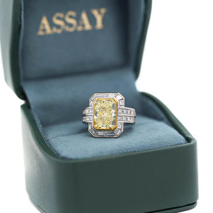 4.12 Carat Fancy Yellow Radiant Cut Diamond Halo Engagement Ring 18K White Gold-Time and Carat