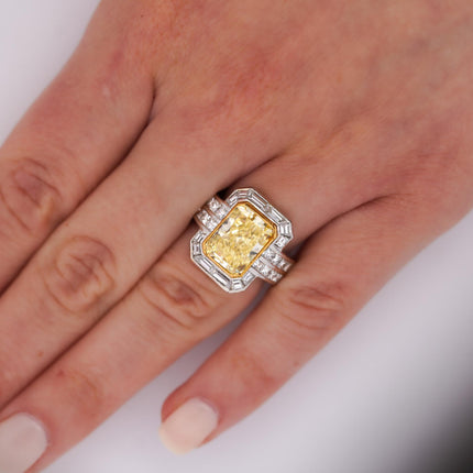 4.12 Carat Fancy Yellow Radiant Cut Diamond Halo Engagement Ring 18K White Gold-Time and Carat