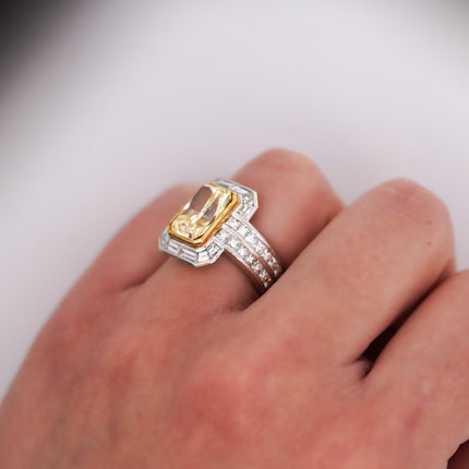 4.12 Carat Fancy Yellow Radiant Cut Diamond Halo Engagement Ring 18K White Gold-Time and Carat