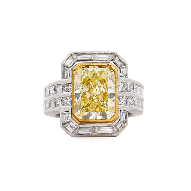 4.12 Carat Fancy Yellow Radiant Cut Diamond Halo Engagement Ring 18K White Gold-Time and Carat