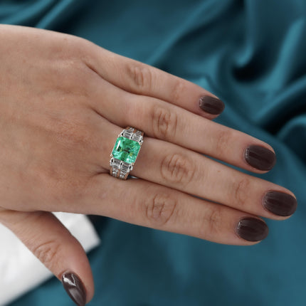 4.17 Carat Octagonal Step Cut Minor Oil Colombian Emerald Baguette Diamond Cocktail Ring-Time and Carat