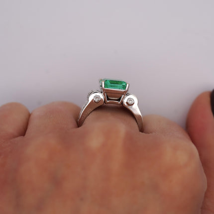 4.17 Carat Octagonal Step Cut Minor Oil Colombian Emerald Baguette Diamond Cocktail Ring-Time and Carat