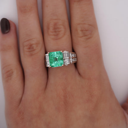 4.17 Carat Octagonal Step Cut Minor Oil Colombian Emerald Baguette Diamond Cocktail Ring-Time and Carat