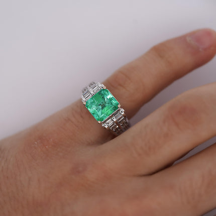 4.17 Carat Octagonal Step Cut Minor Oil Colombian Emerald Baguette Diamond Cocktail Ring-Time and Carat