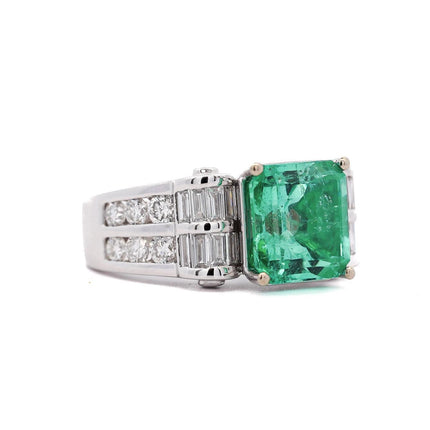 4.17 Carat Octagonal Step Cut Minor Oil Colombian Emerald Baguette Diamond Cocktail Ring-Time and Carat