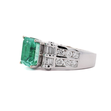 4.17 Carat Octagonal Step Cut Minor Oil Colombian Emerald Baguette Diamond Cocktail Ring-Time and Carat