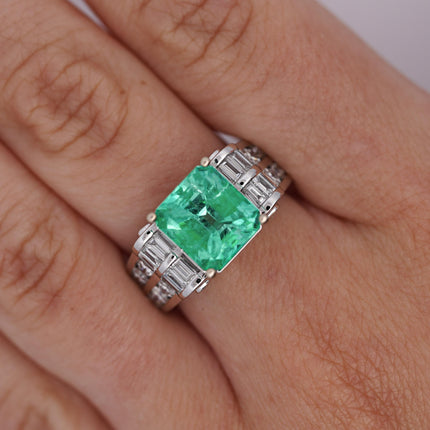 4.17 Carat Octagonal Step Cut Minor Oil Colombian Emerald Baguette Diamond Cocktail Ring-Time and Carat