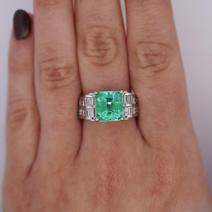4.17 Carat Octagonal Step Cut Minor Oil Colombian Emerald Baguette Diamond Cocktail Ring-Time and Carat