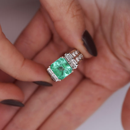 4.17 Carat Octagonal Step Cut Minor Oil Colombian Emerald Baguette Diamond Cocktail Ring-Time and Carat