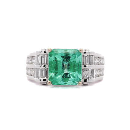 4.17 Carat Octagonal Step Cut Minor Oil Colombian Emerald Baguette Diamond Cocktail Ring-Time and Carat