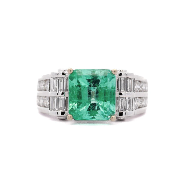 4.17 Carat Octagonal Step Cut Minor Oil Colombian Emerald Baguette Diamond Cocktail Ring-Time and Carat