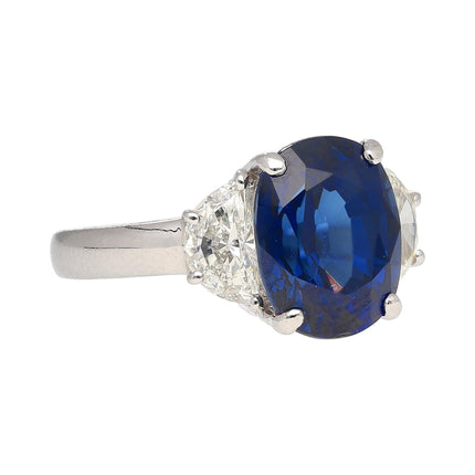 4.22 Carat Oval Vivid Blue Sapphire Half Moon Diamond Three Stone Ring-Time and Carat