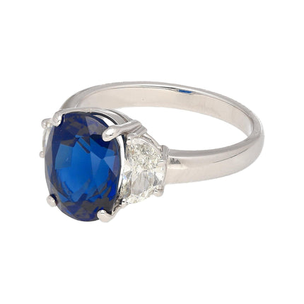 4.22 Carat Oval Vivid Blue Sapphire Half Moon Diamond Three Stone Ring-Time and Carat