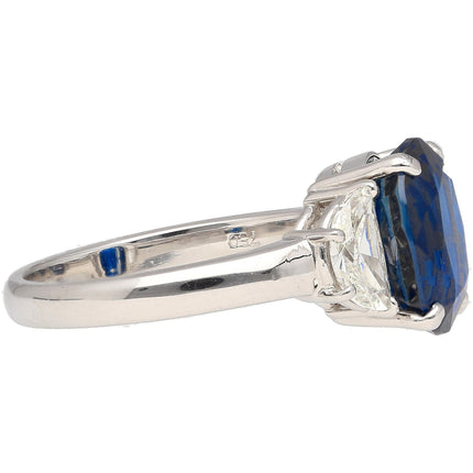 4.22 Carat Oval Vivid Blue Sapphire Half Moon Diamond Three Stone Ring-Time and Carat