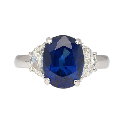 4.22 Carat Oval Vivid Blue Sapphire Half Moon Diamond Three Stone Ring-Time and Carat