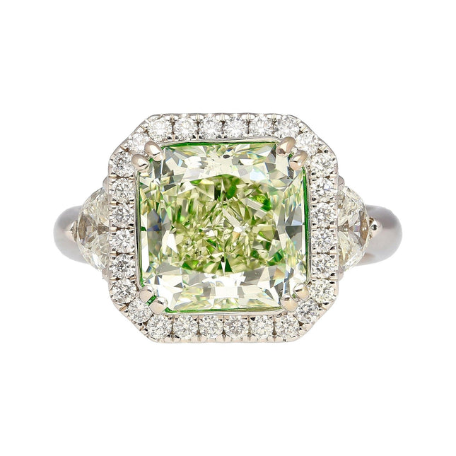 4.26 Carat Radiant Cut Fancy Grayish Yellowish Green Diamond Half Moon Ring-Time and Carat