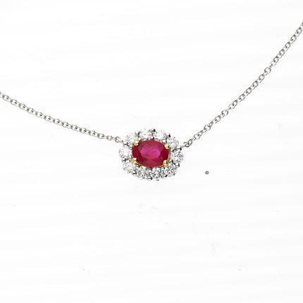 0.83 Carat Oval Burma Ruby Round Brilliant Diamond Single Halo 18K White Yellow Gold Pendant Necklace