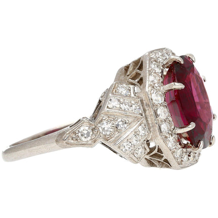 4.35 Carat Cushion Oval Red Spinel Diamond Halo Art Deco Ring Platinum 18K Gold-Time and Carat