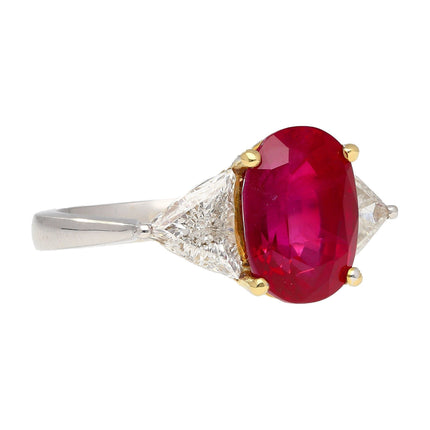 4.47 Carat Oval Cut Red Ruby Trillion Diamond Three Stone Ring 18K White Yellow Gold Two-Tone-Time and Carat