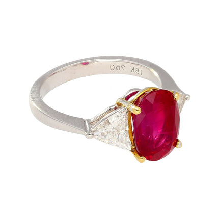 4.47 Carat Oval Cut Red Ruby Trillion Diamond Three Stone Ring 18K White Yellow Gold Two-Tone-Time and Carat