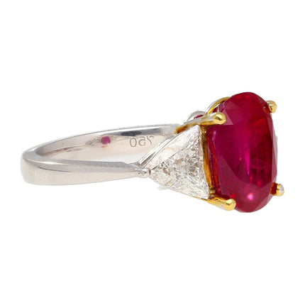 4.47 Carat Oval Cut Red Ruby Trillion Diamond Three Stone Ring 18K White Yellow Gold Two-Tone-Time and Carat