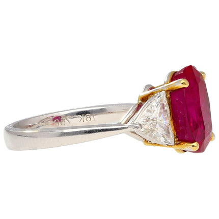 4.47 Carat Oval Cut Red Ruby Trillion Diamond Three Stone Ring 18K White Yellow Gold Two-Tone-Time and Carat