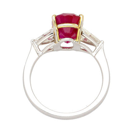 4.47 Carat Oval Cut Red Ruby Trillion Diamond Three Stone Ring 18K White Yellow Gold Two-Tone-Time and Carat