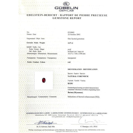 4.47 Carat Oval Cut Red Ruby Trillion Diamond Three Stone Ring 18K White Yellow Gold Two-Tone-Time and Carat