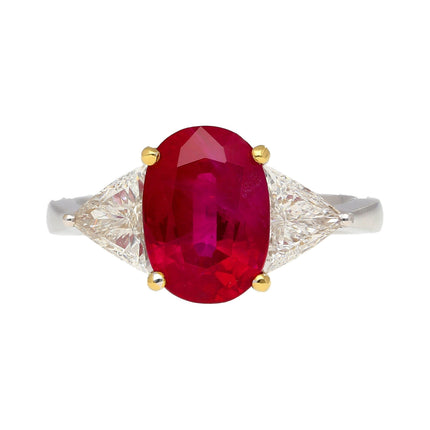 4.47 Carat Oval Cut Red Ruby Trillion Diamond Three Stone Ring 18K White Yellow Gold Two-Tone-Time and Carat