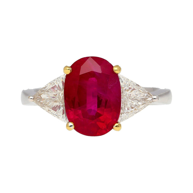 4.47 Carat Oval Cut Red Ruby Trillion Diamond Three Stone Ring 18K White Yellow Gold Two-Tone-Time and Carat