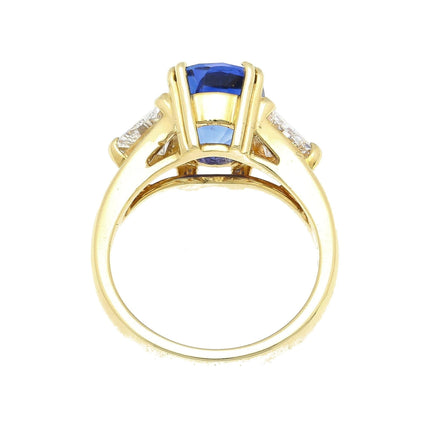 4.49 Carat Oval No Heat Burma Sapphire Curved Trillion Diamond Three Stone Cathedral Ring-Time and Carat