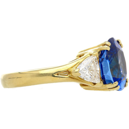 4.49 Carat Oval No Heat Burma Sapphire Curved Trillion Diamond Three Stone Cathedral Ring-Time and Carat