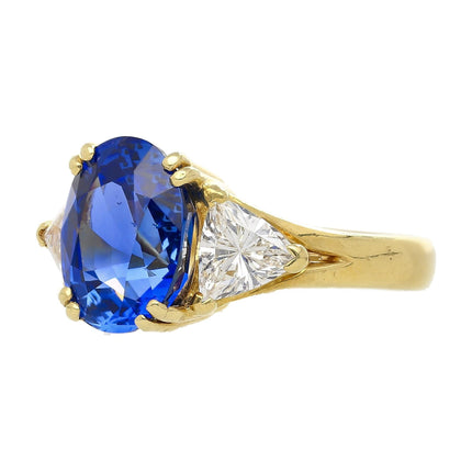4.49 Carat Oval No Heat Burma Sapphire Curved Trillion Diamond Three Stone Cathedral Ring-Time and Carat