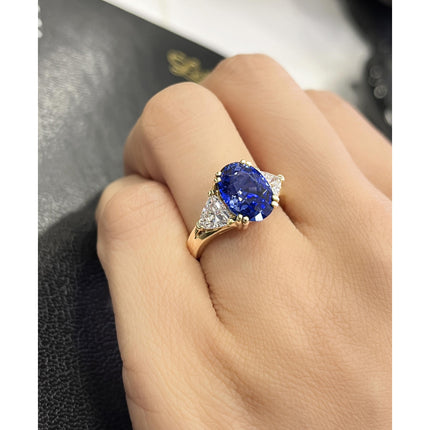 4.49 Carat Oval No Heat Burma Sapphire Curved Trillion Diamond Three Stone Cathedral Ring-Time and Carat