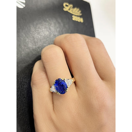 4.49 Carat Oval No Heat Burma Sapphire Curved Trillion Diamond Three Stone Cathedral Ring-Time and Carat