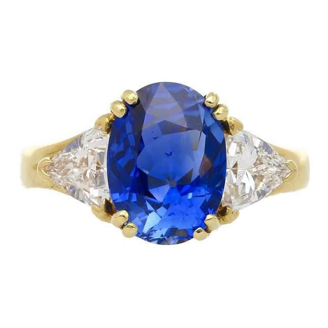 4.49 Carat Oval No Heat Burma Sapphire Curved Trillion Diamond Three Stone Cathedral Ring-Time and Carat