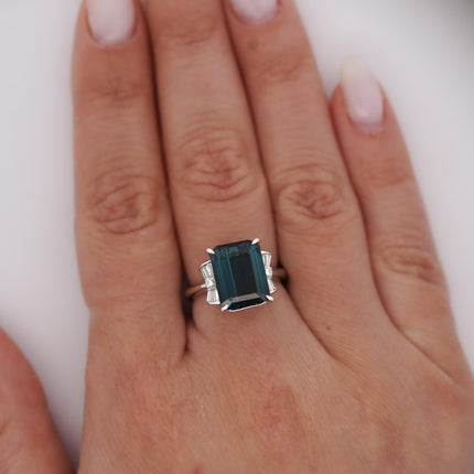 4.58 Carat Emerald Cut Blue Indicolite Tourmaline Baguette Round Diamond Ring Platinum Three Stone-Time and Carat