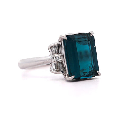 4.58 Carat Emerald Cut Blue Indicolite Tourmaline Baguette Round Diamond Ring Platinum Three Stone-Time and Carat