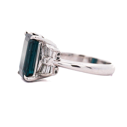 4.58 Carat Emerald Cut Blue Indicolite Tourmaline Baguette Round Diamond Ring Platinum Three Stone-Time and Carat