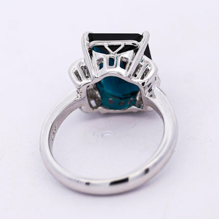 4.58 Carat Emerald Cut Blue Indicolite Tourmaline Baguette Round Diamond Ring Platinum Three Stone-Time and Carat