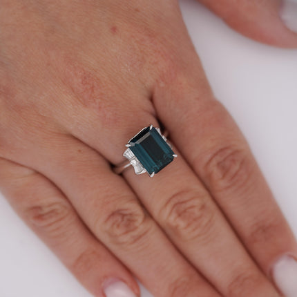 4.58 Carat Emerald Cut Blue Indicolite Tourmaline Baguette Round Diamond Ring Platinum Three Stone-Time and Carat