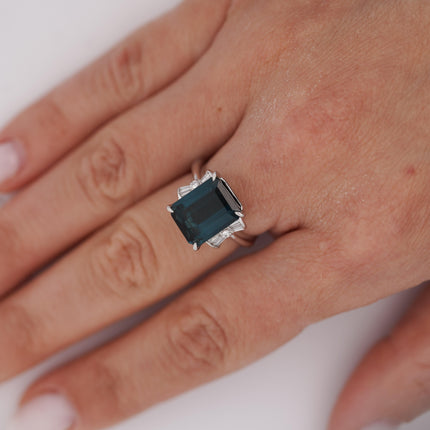 4.58 Carat Emerald Cut Blue Indicolite Tourmaline Baguette Round Diamond Ring Platinum Three Stone-Time and Carat