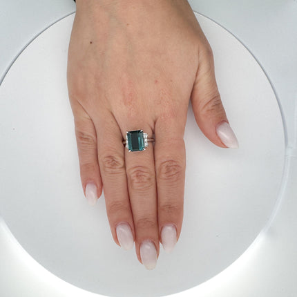 4.58 Carat Emerald Cut Blue Indicolite Tourmaline Baguette Round Diamond Ring Platinum Three Stone-Time and Carat