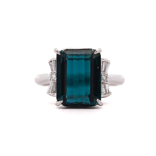 4.58 Carat Emerald Cut Blue Indicolite Tourmaline Baguette Round Diamond Ring Platinum Three Stone-Time and Carat