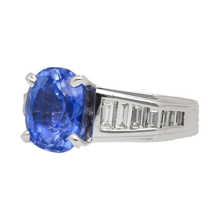 4.71 Carat Oval Unheated Sri Lankan Sapphire Tapered Baguette Diamond Engagement Ring-Time and Carat