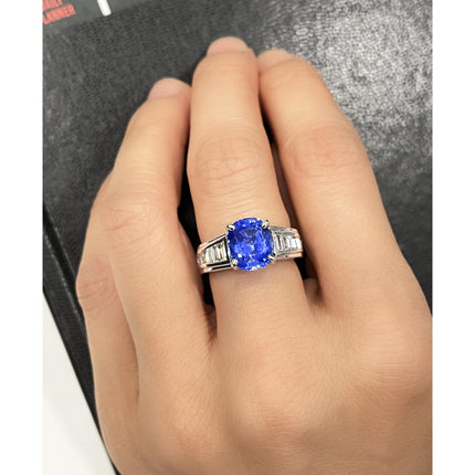 4.71 Carat Oval Unheated Sri Lankan Sapphire Tapered Baguette Diamond Engagement Ring-Time and Carat
