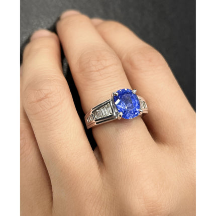 4.71 Carat Oval Unheated Sri Lankan Sapphire Tapered Baguette Diamond Engagement Ring-Time and Carat