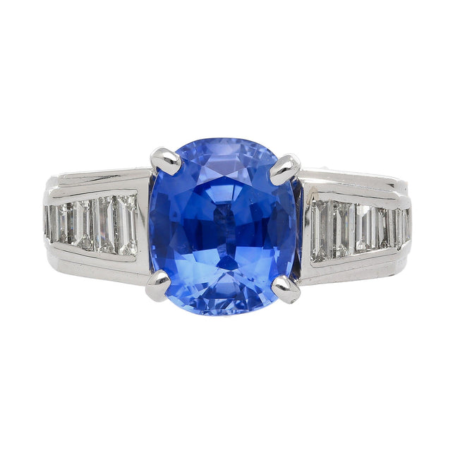 4.71 Carat Oval Unheated Sri Lankan Sapphire Tapered Baguette Diamond Engagement Ring-Time and Carat
